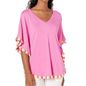 Trina Turk Defino Fringe Trim Caftan Top Pink Tasseled Vacation Womens Small